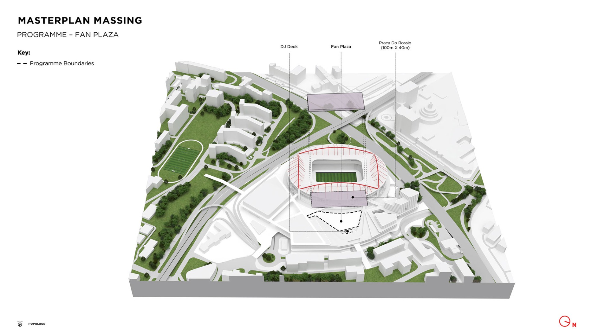 Master plan Massing: programmes - fan plaza. Master plan for the Estádio da Luz of S.L. Benfica by Populous and Saraiva + Associados.
