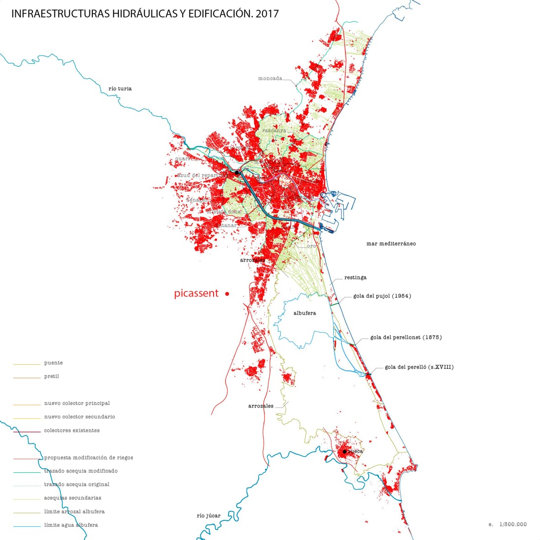 Plano contextual de la Tesis «La desembocadura del Turia. Infraestructura hidráulica y territorio». Scbil.la Mercer por Sogo Arquitectos.