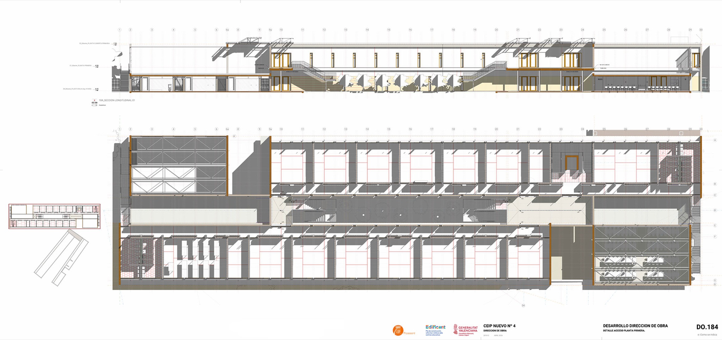 Alzado y plano de planta. Acceso de planta primera. Sibil.la Mercer por Sogo Arquitectos.