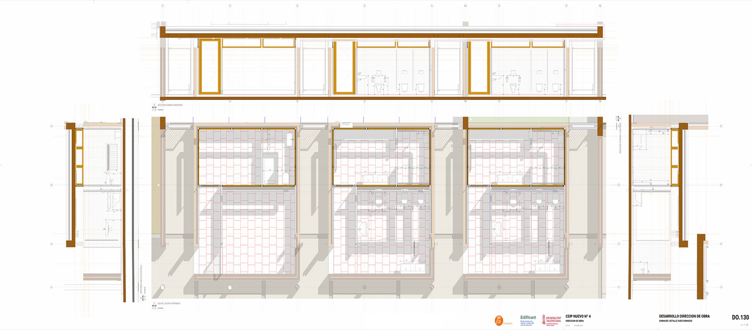 Alzado y plano de planta. Aseo del gimnasio. Sibil.la Mercer por Sogo Arquitectos.