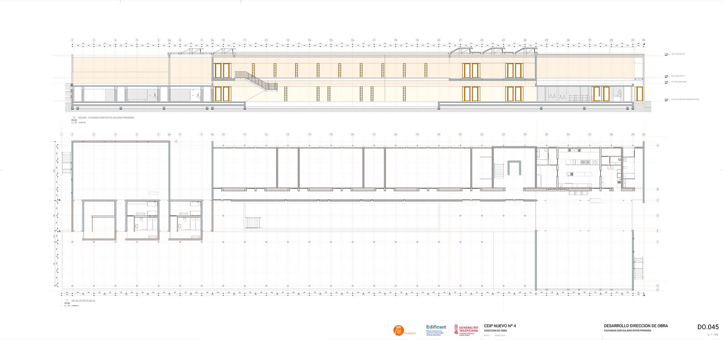 Alzado y plano de planta. Fachada sur: aula y patio de la escuela primaria. Sibil.la Mercer por Sogo Arquitectos.