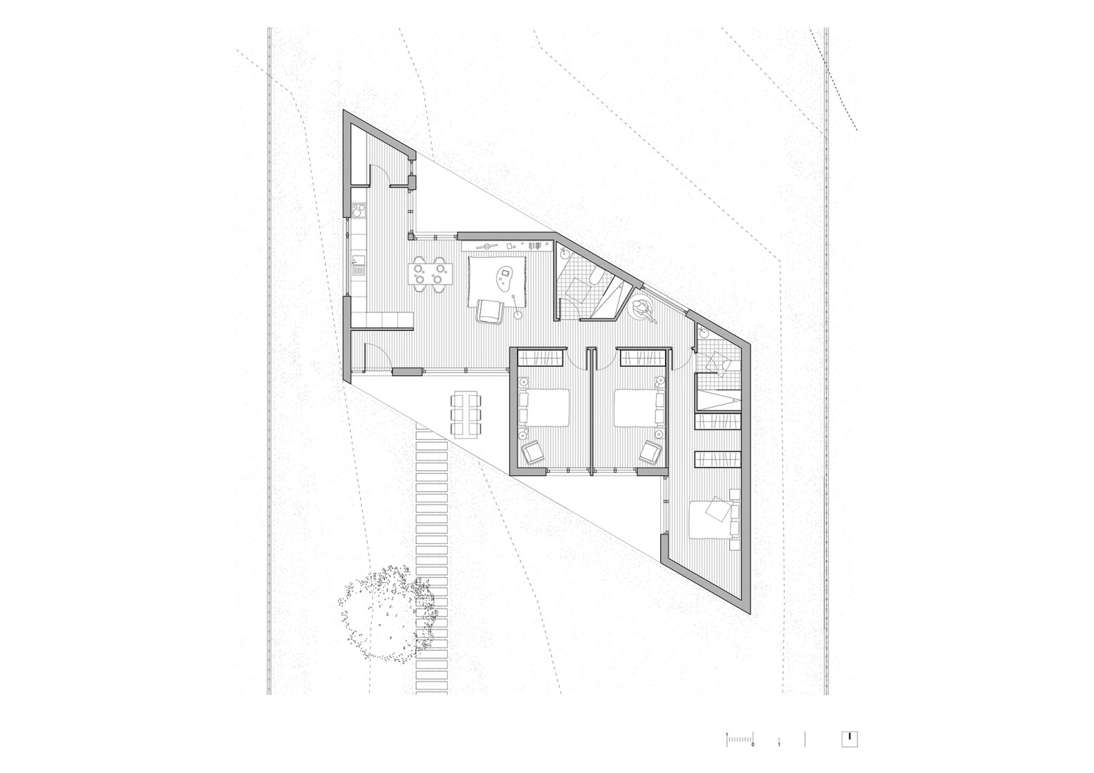 Plano de planta baja. Vivienda unifamiliar en Sada por Trespes.arquitectos.