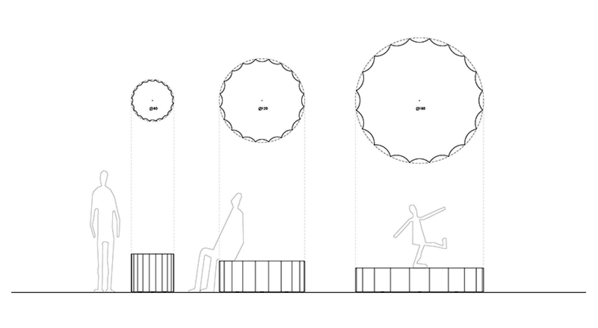 Floor plan and elevations. "Temple," a family of urban elements by vora + Toni Riba.