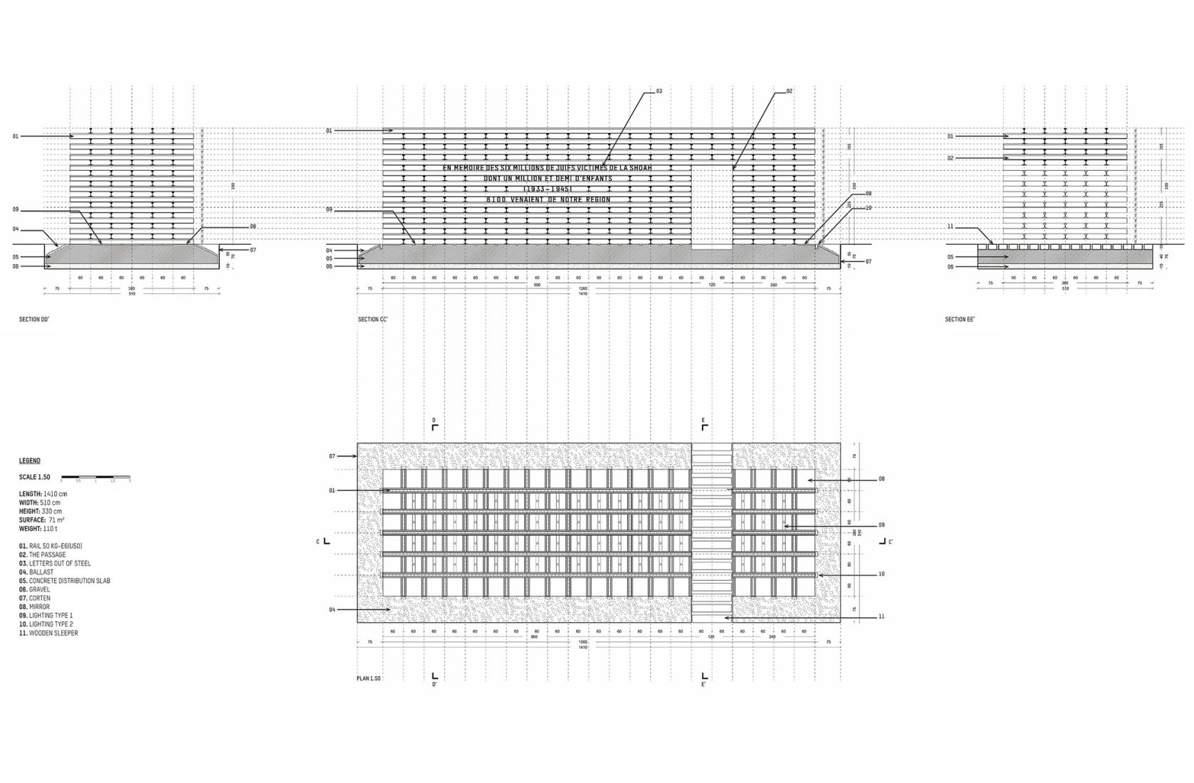 Dimensions, elevation and floor plan. The Rails of Memory by Blaising Borchardt Studio. 