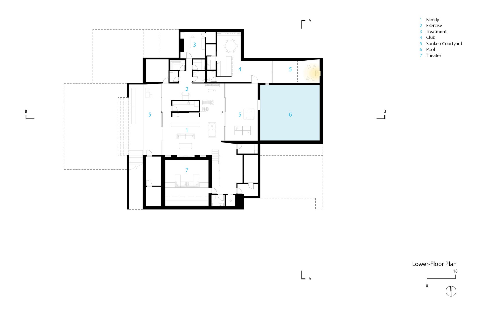 Plano de planta semi-enterrada. Casa Red Rock por Faulkner Architects.