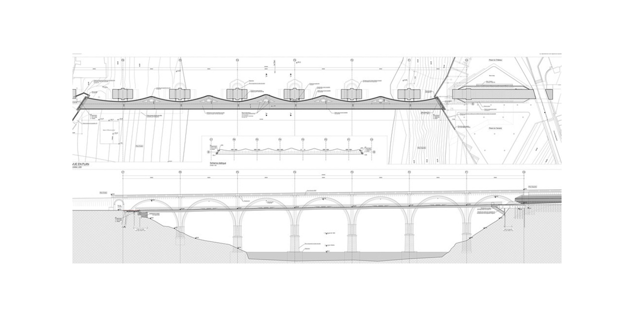 Plano de planta y alzado. Pasarela por Ney & Partners. 