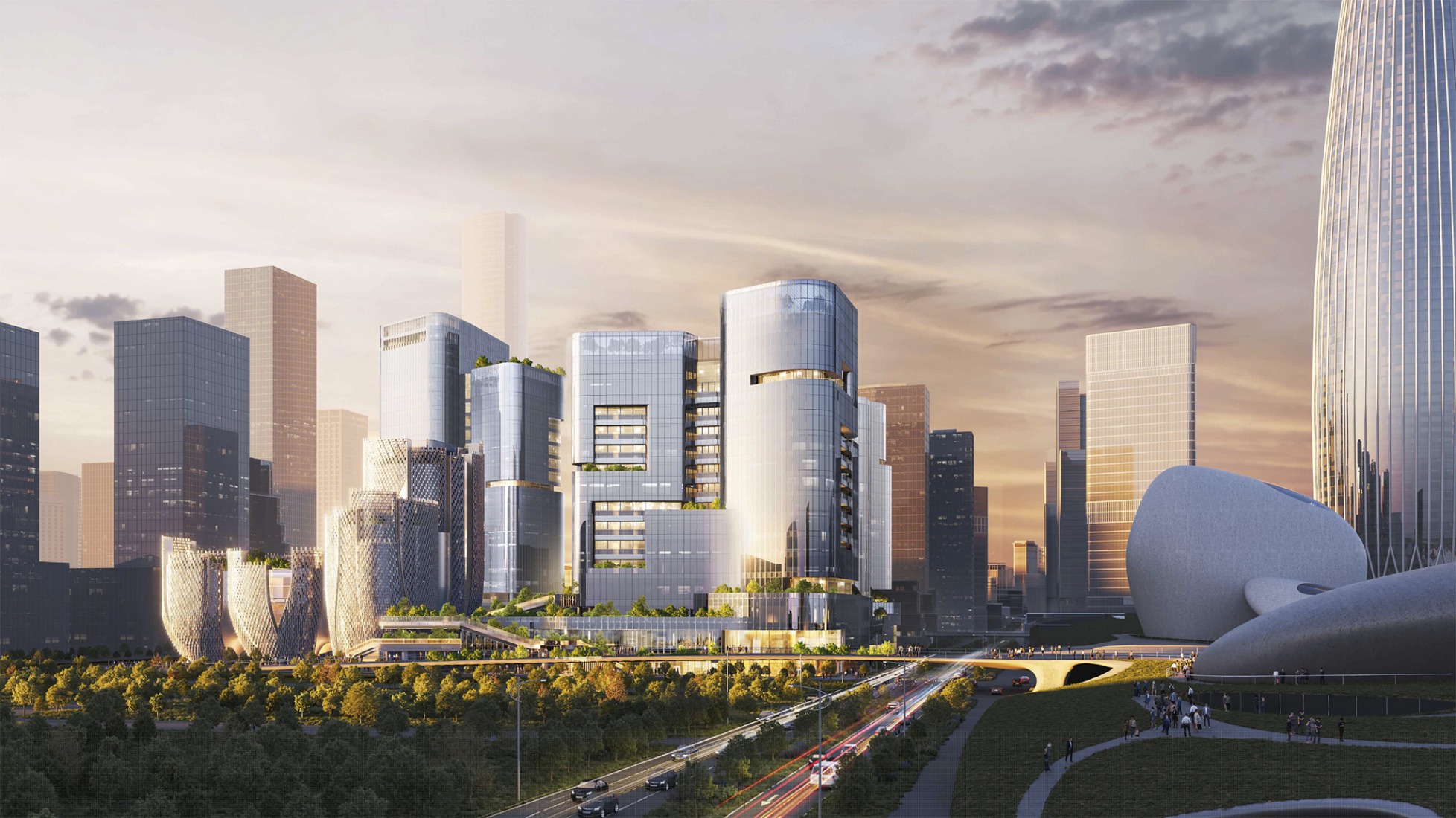 Las torres presentan formas curvilíneas, creando una silueta dinámica dentro del horizonte de Shenzhen. Campus Híbrido de Houhai por Buro Ole Scheeren.