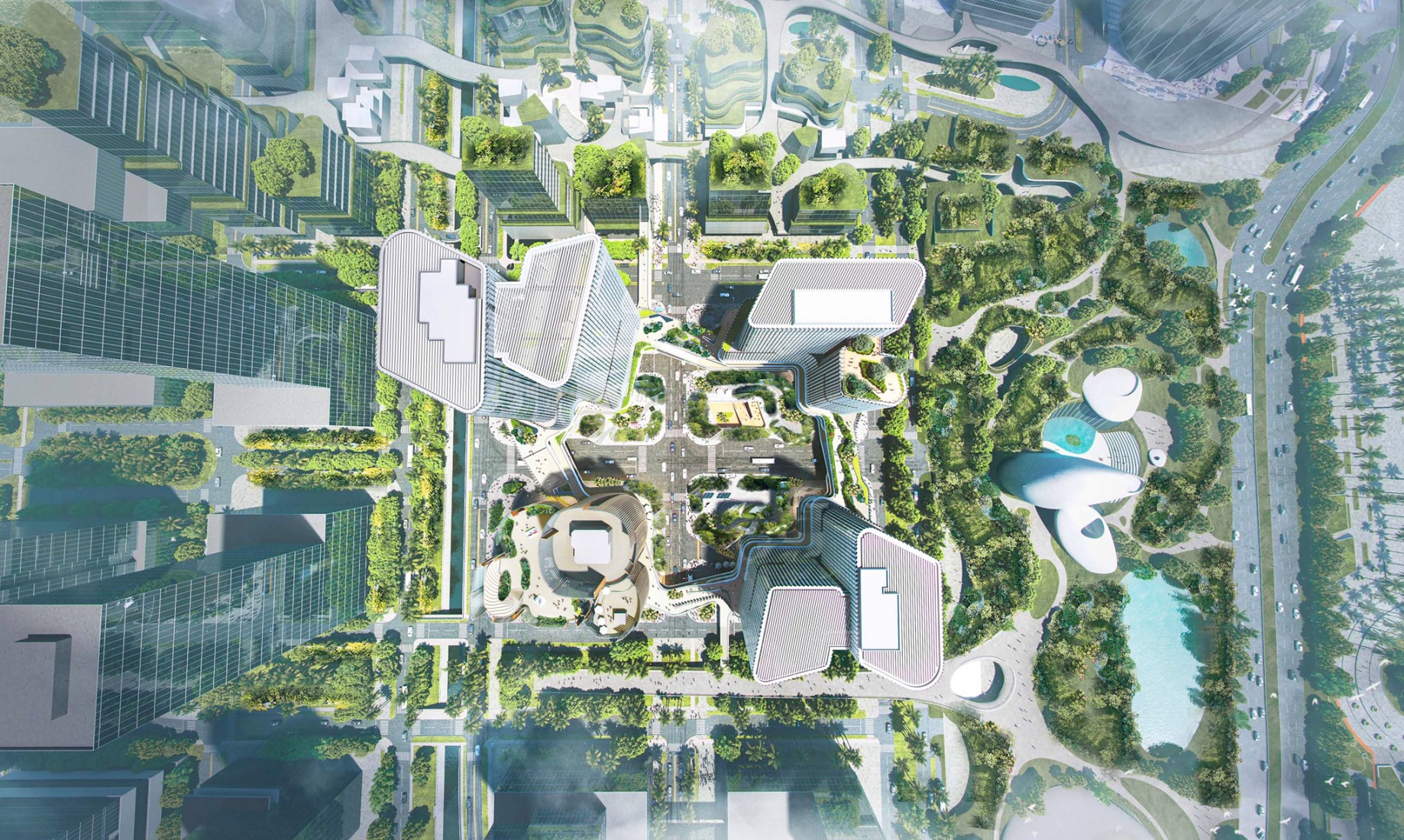 El campus conecta el centro comercial de la ciudad con la pintoresca bahía de Shenzhen y un oasis central. Campus Híbrido de Houhai por Buro Ole Scheeren.