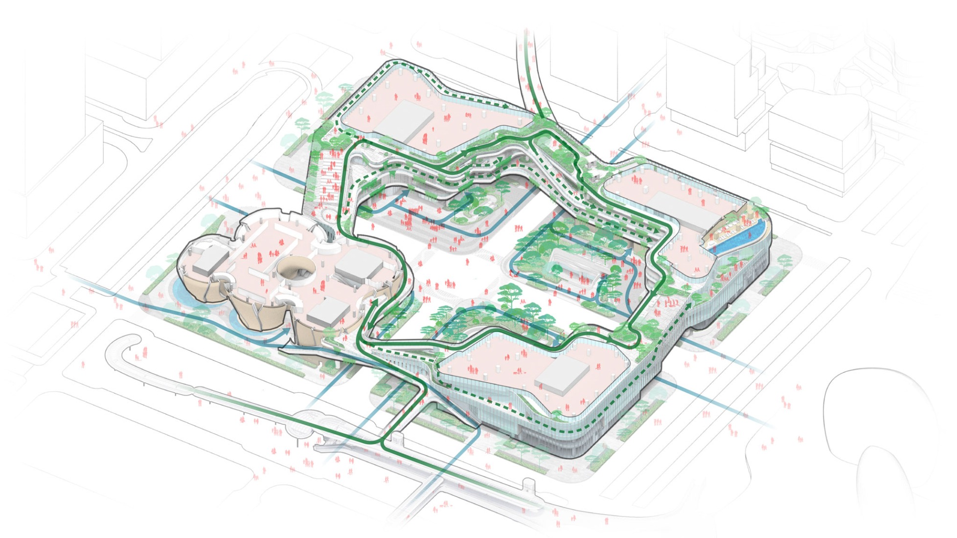 El sistema de circulación en capas ofrece una experiencia de parque continua alrededor del oasis central. Campus Híbrido de Houhai por Buro Ole Scheeren.