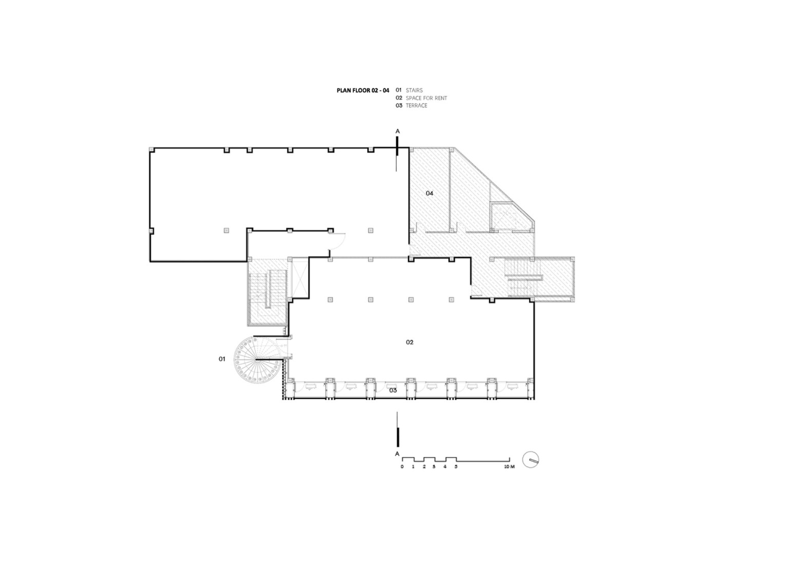 Plano de segunda a cuarta planta. Rehabilitación del Centro de Estudiantes Bautistas por PHTAA. 