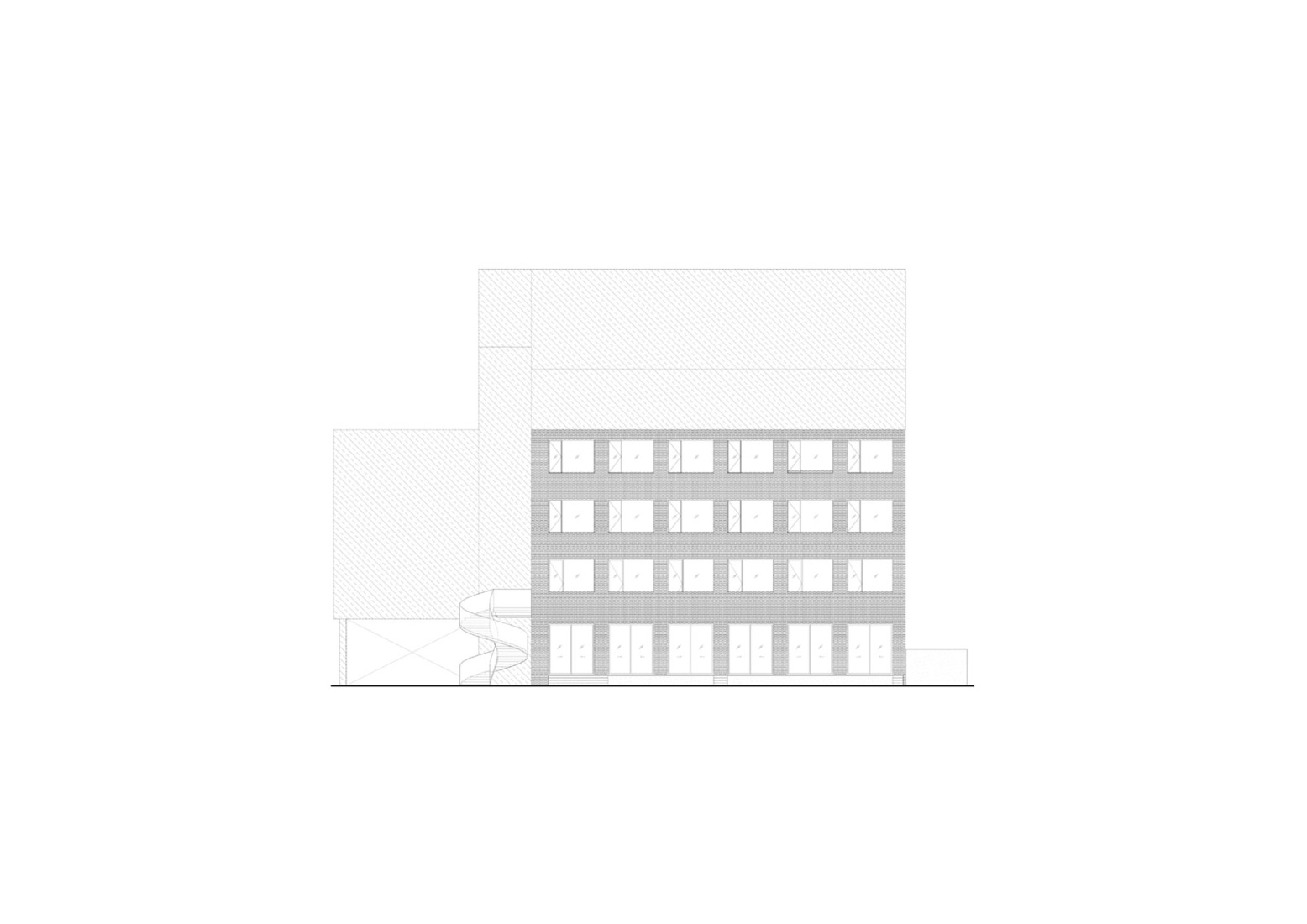 Alzado principal. Rehabilitación del Centro de Estudiantes Bautistas por PHTAA. 