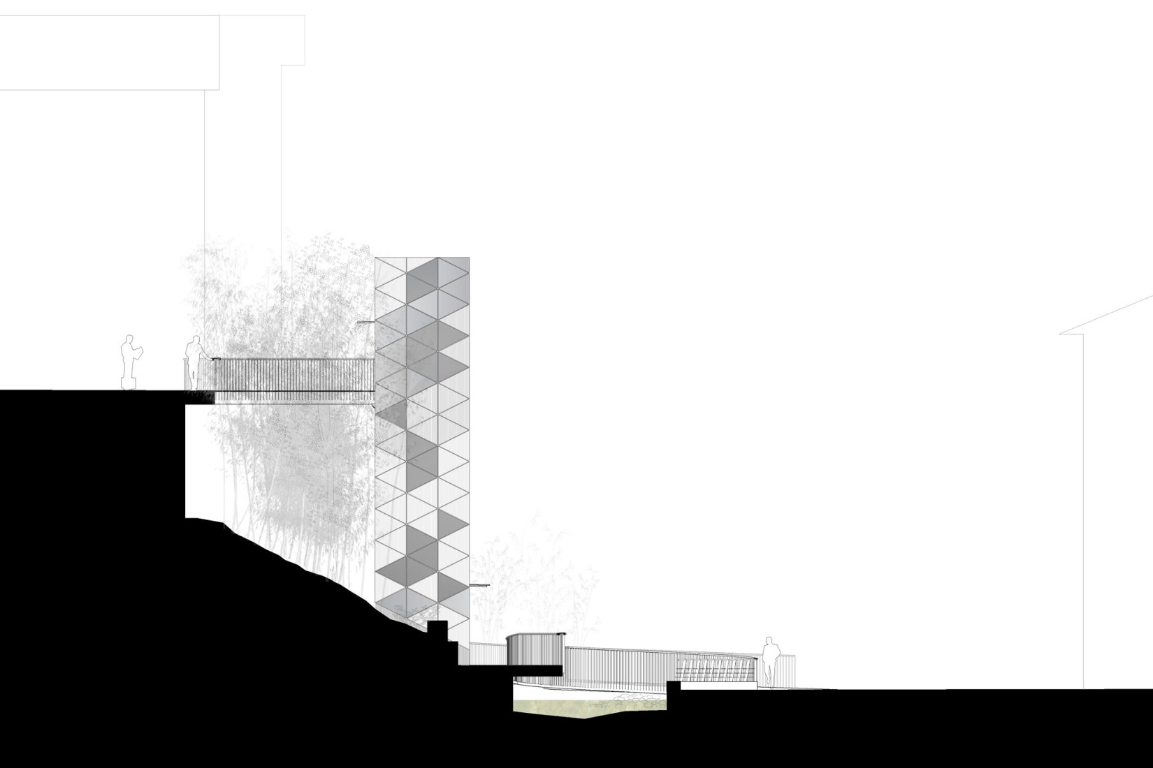 Side elevation. Elevator over a stream by Barru Arkitektura. 