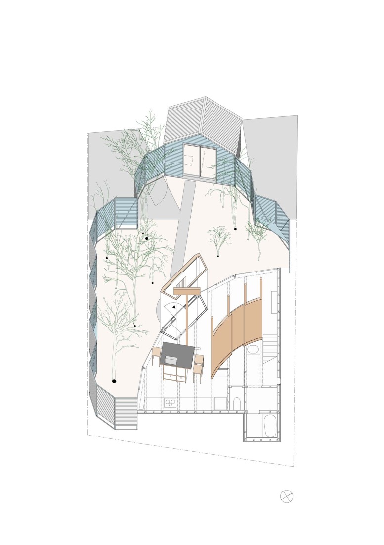 Ground floor plan, axonometric. House by the temple by Kuma&Elsa.