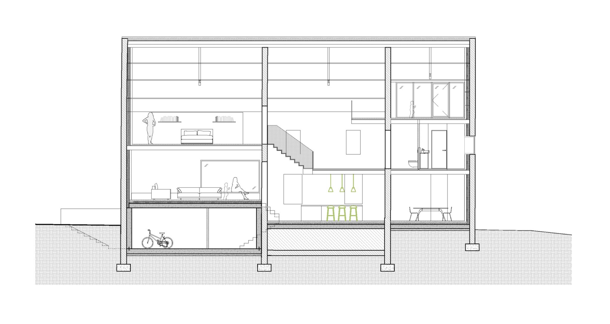 Sección longitudinal. Casa Lyco por OYO Architects.