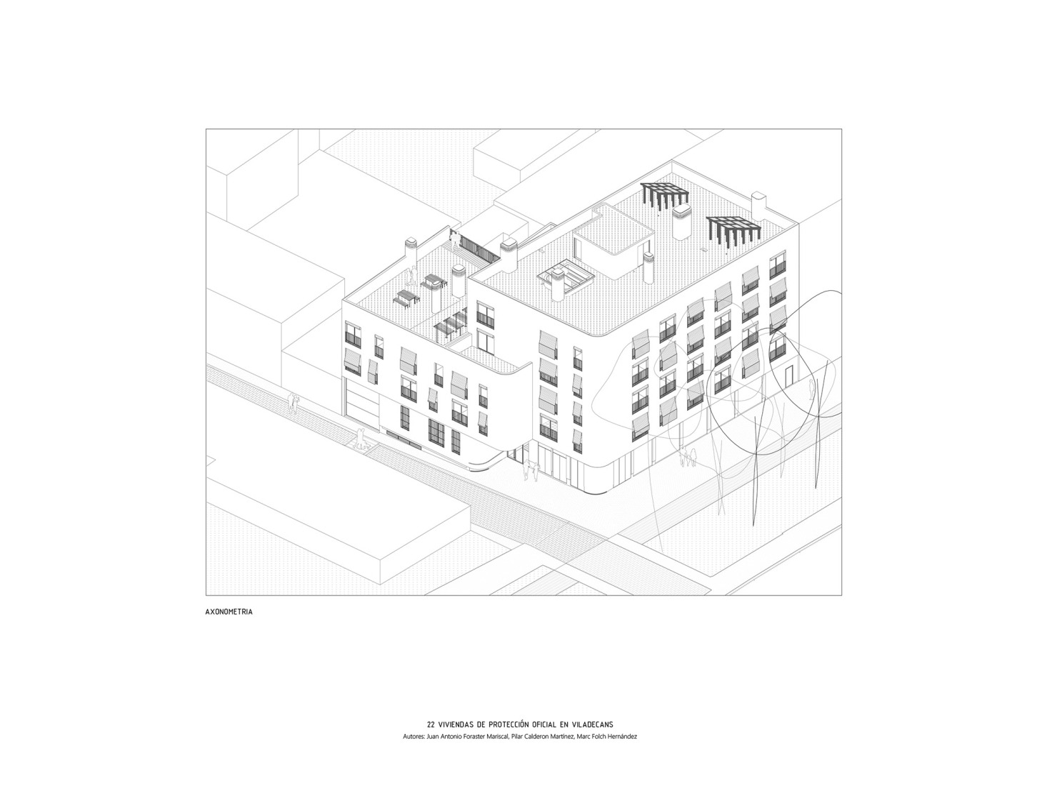Axonometric. 22 social housing units along AV62 and Calderón-Folch. 