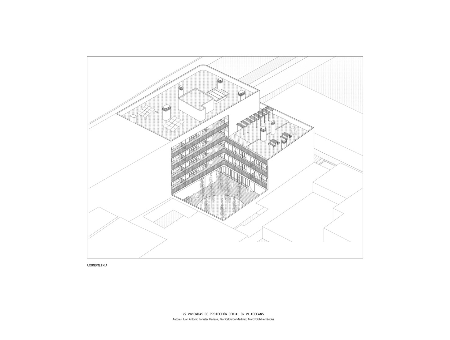 Axonometric. 22 social housing units along AV62 and Calderón-Folch. 
