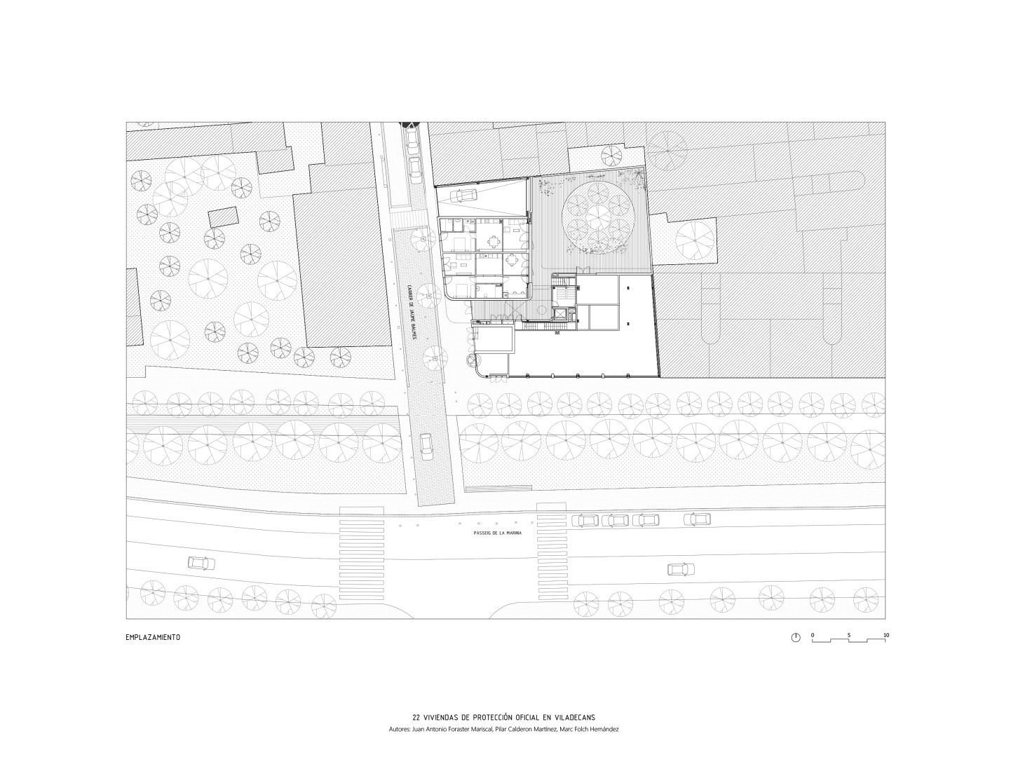 Site and ground floor plan. 22 social housing units along AV62 and Calderón-Folch. 