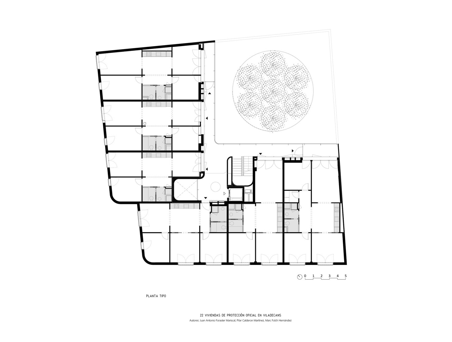 Typical floor plan. 22 social housing units along AV62 and Calderón-Folch. 