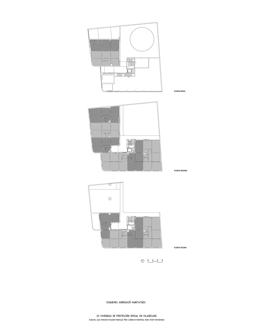 Diagrams of typological aggregations. 22 social housing units along AV62 and Calderón-Folch. 
