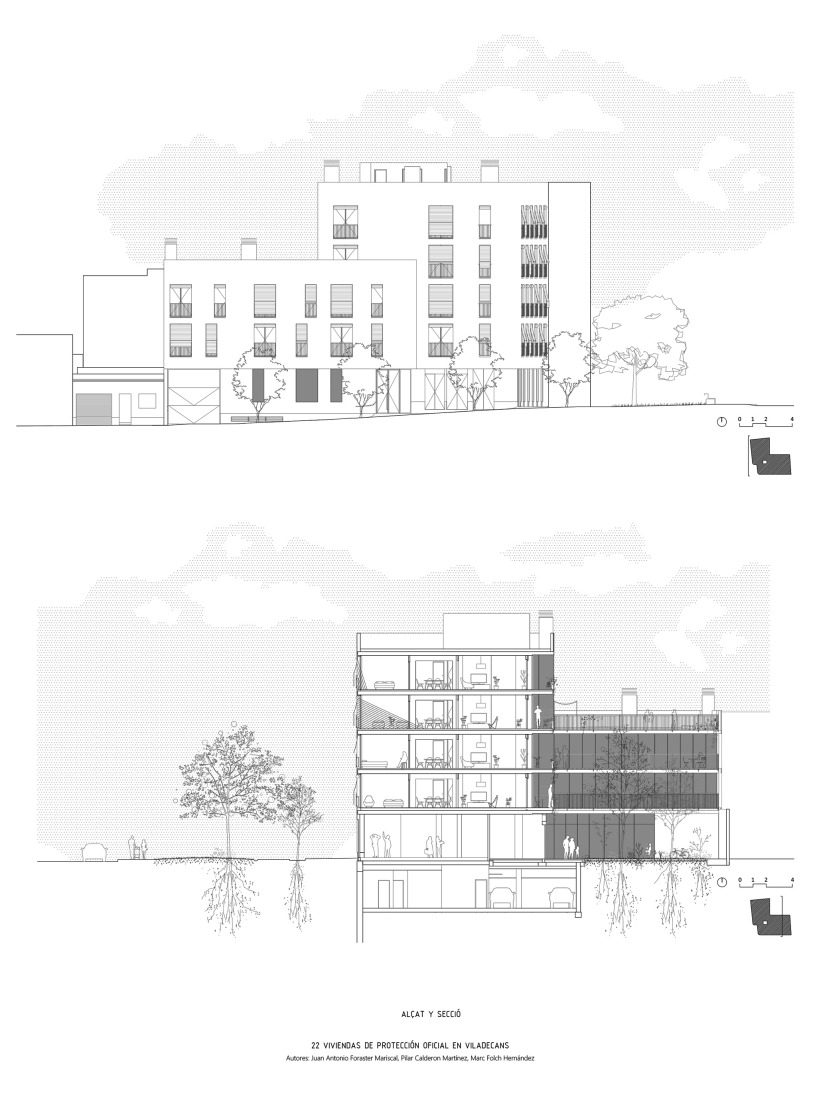 Elevation and section. 22 social housing units along AV62 and Calderón-Folch. 
