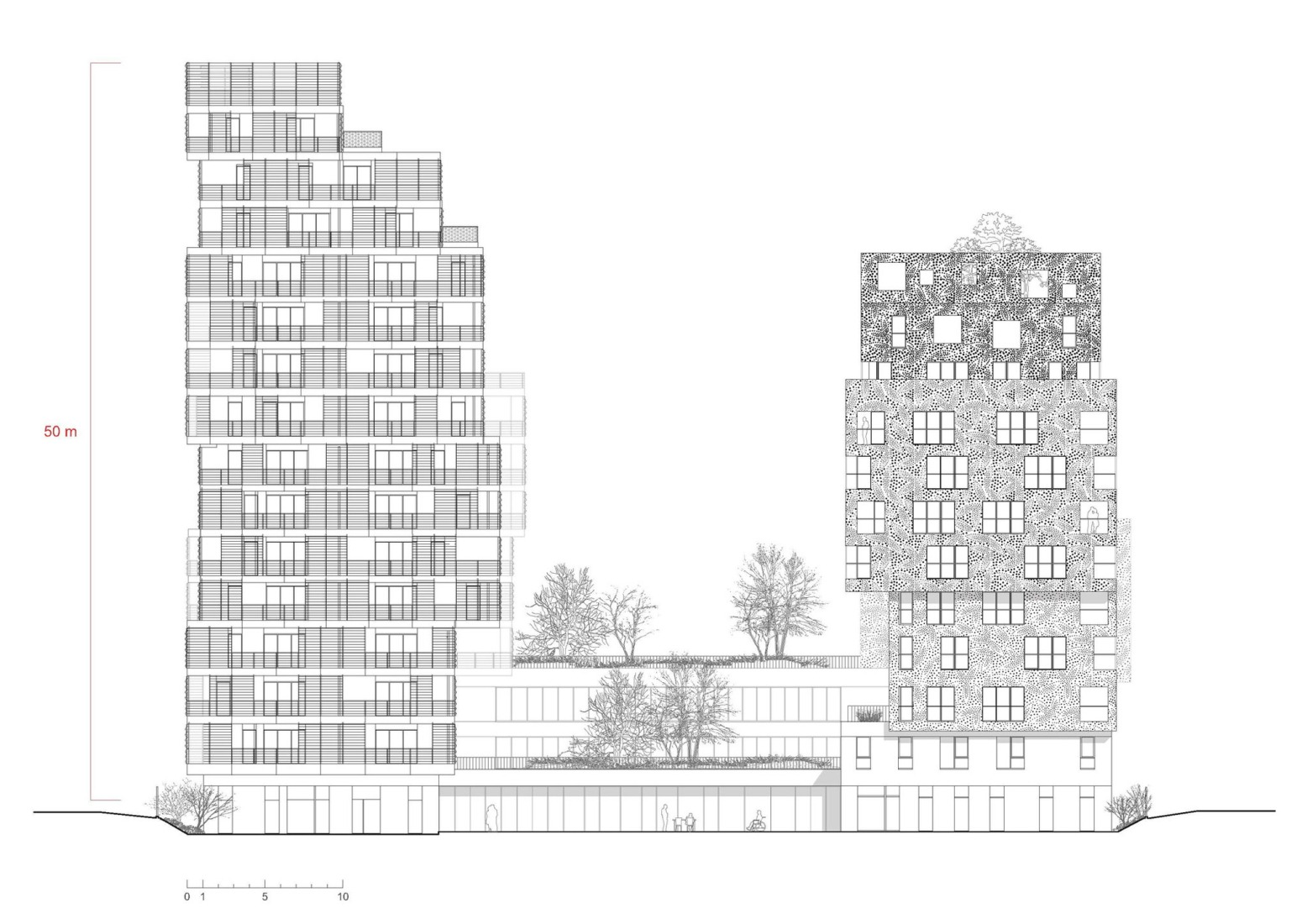 Main elevation. 145 Housing Units by Gausa Raveau Actarquitectura + Avenier Cornejo Architectes.