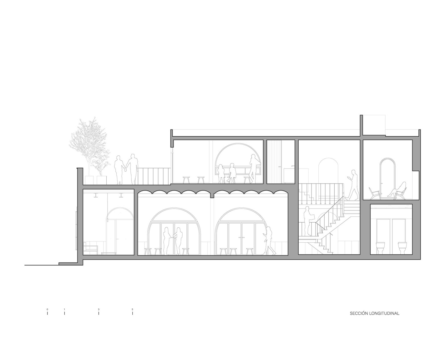 Sección longitudinal. Centro Comunitario LGBTQ+ Casa de Rubén por Intersticial Arquitectura.