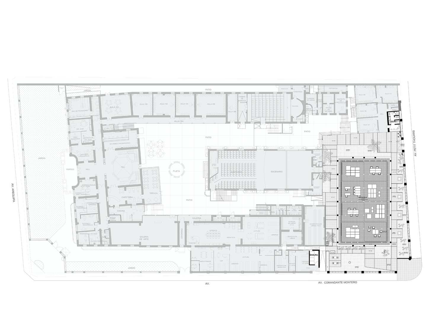 Ground floor plan. “Espacio Libertad”, Alliance Française of Miraflores by K+M. Photograph by Renzo Rebagliati.