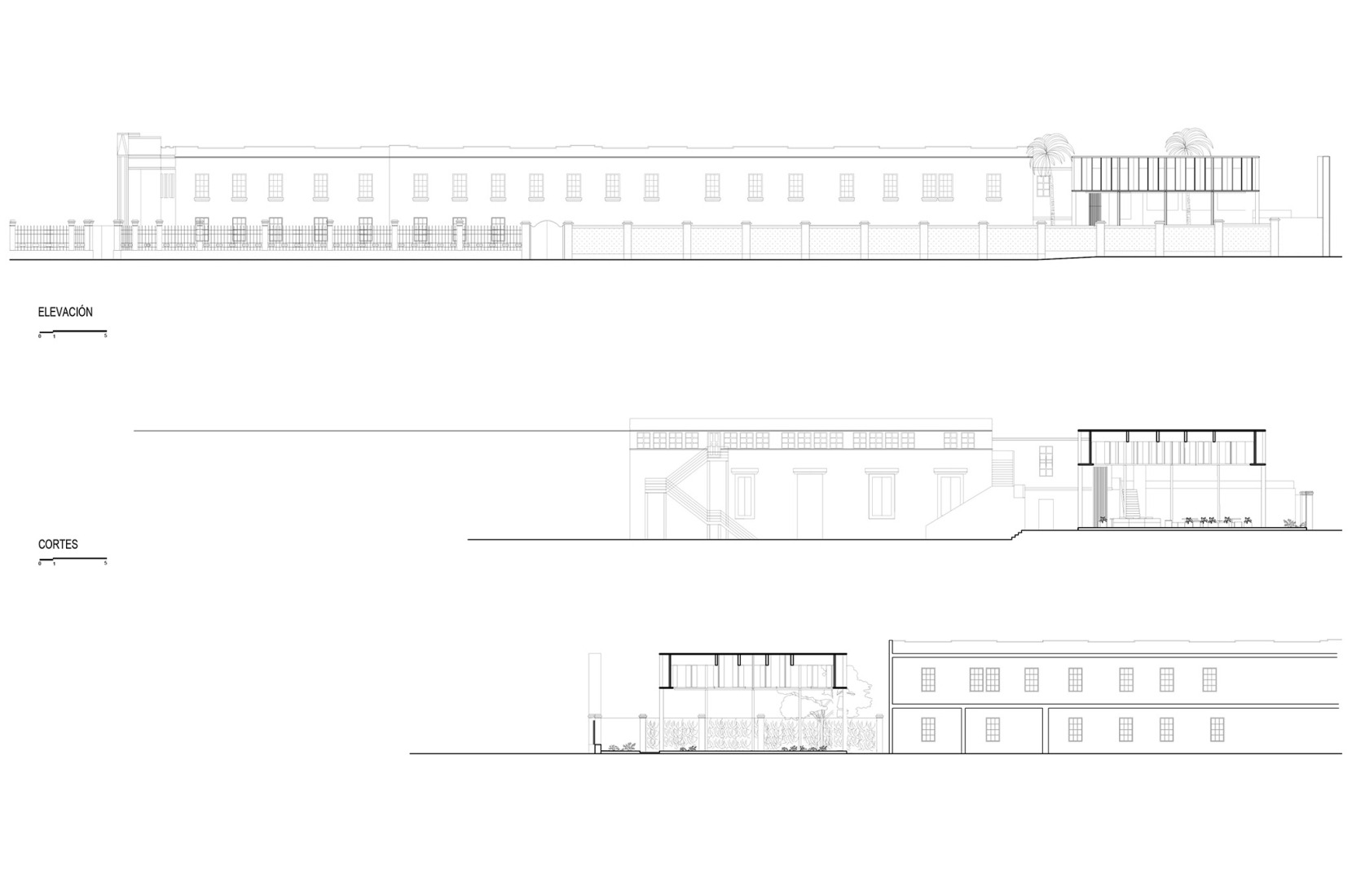 Elevations and sections. “Espacio Libertad”, Alliance Française of Miraflores by K+M. Photograph by Renzo Rebagliati.