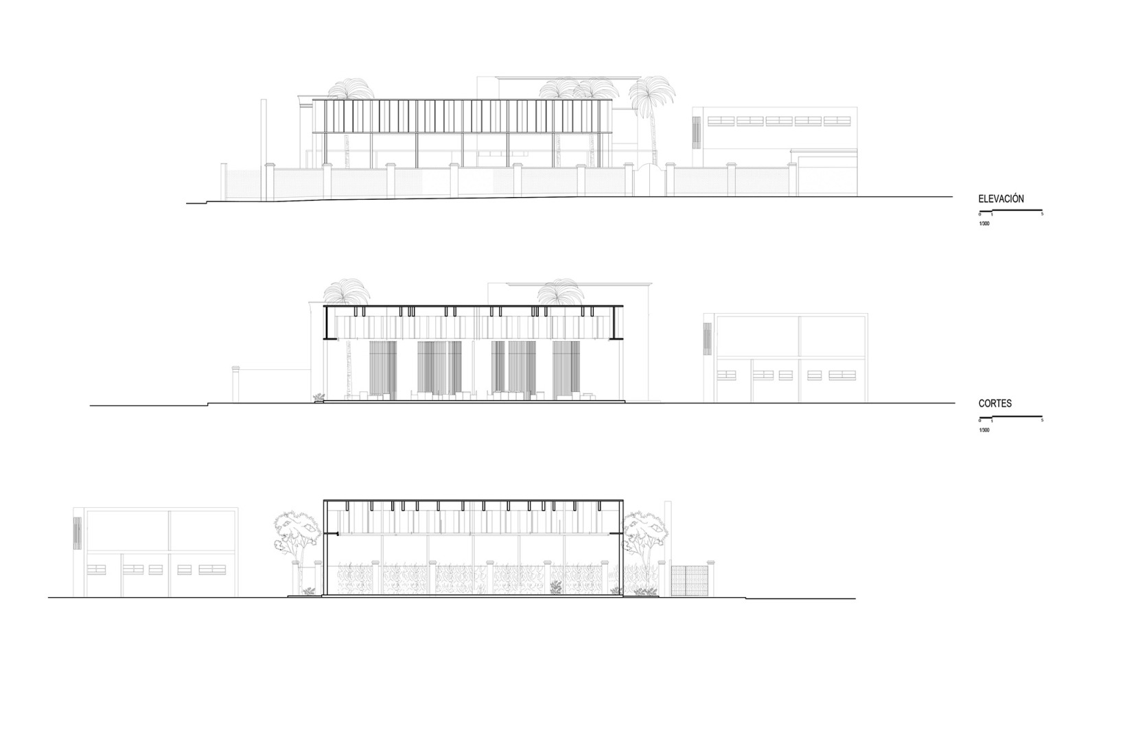 Elevations and sections. “Espacio Libertad”, Alliance Française of Miraflores by K+M. Photograph by Renzo Rebagliati.