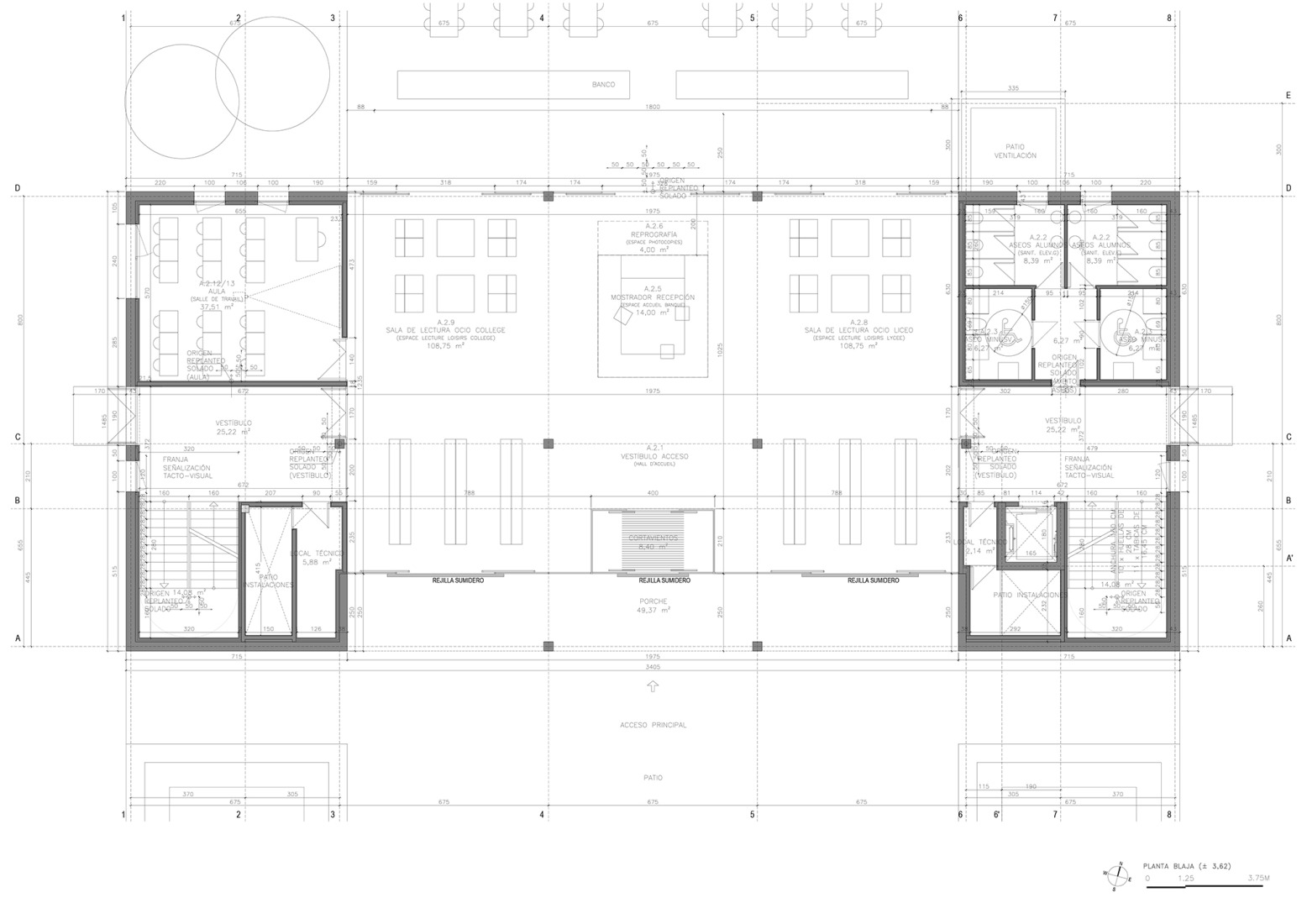 Plano de planta baja. Biblioteca para el Liceo Francés de Madrid por Alberto Campo Baeza.
