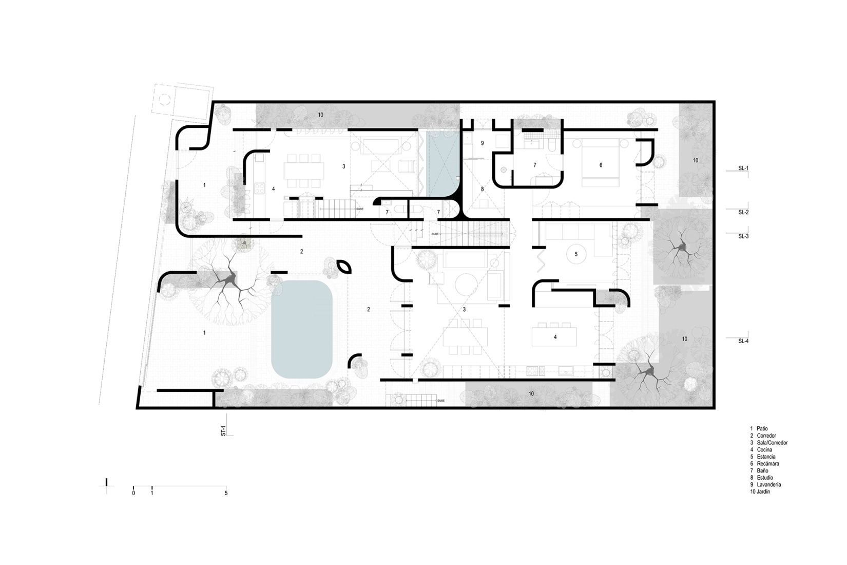 Ground floor plan. Red House by Ángel García Arquitectura.