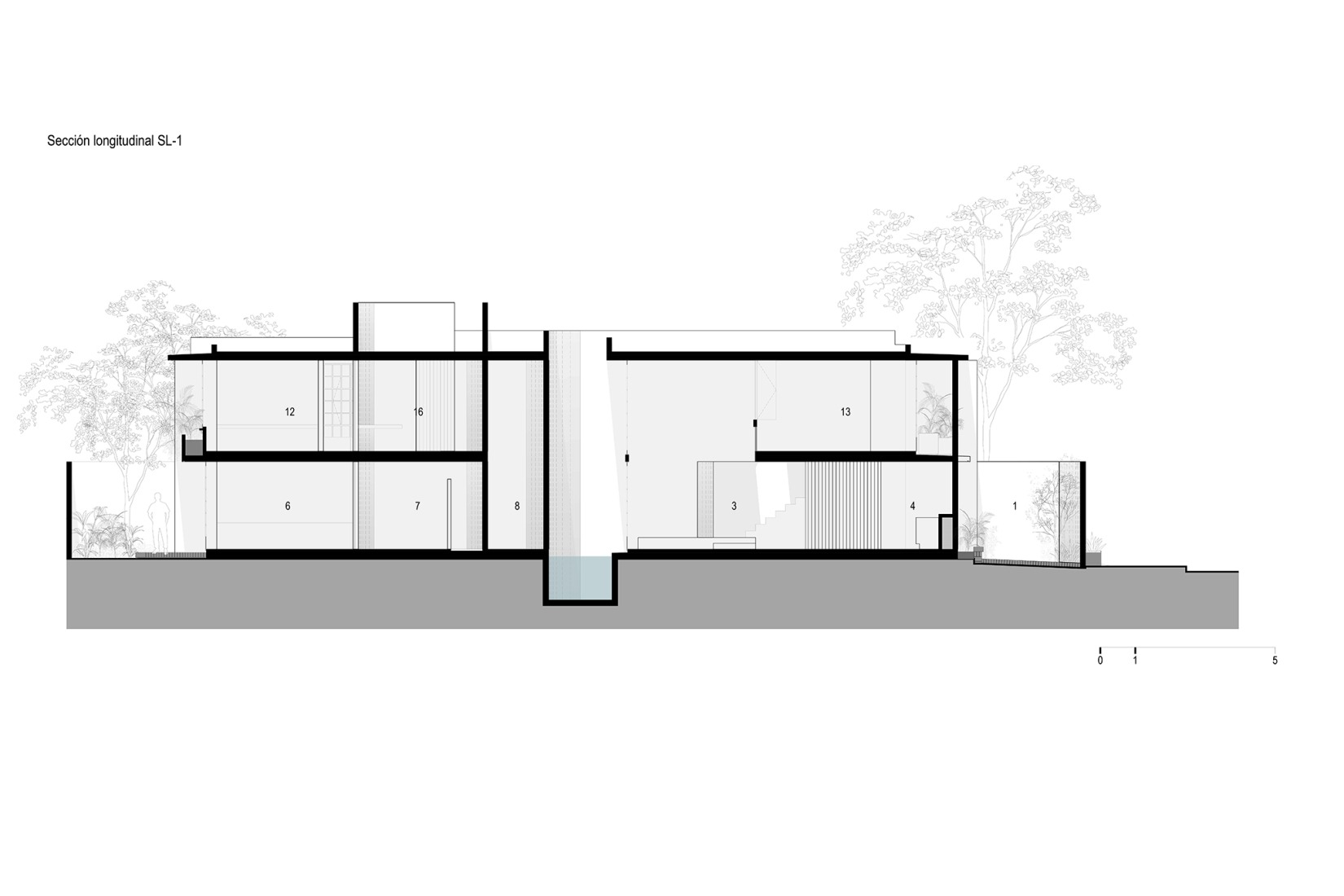 Longitudinal section. Red House by Ángel García Arquitectura.
