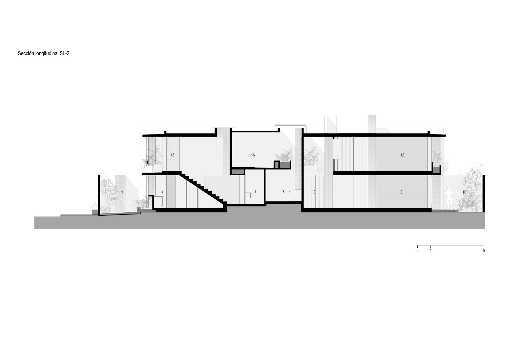 Longitudinal section. Red House by Ángel García Arquitectura.
