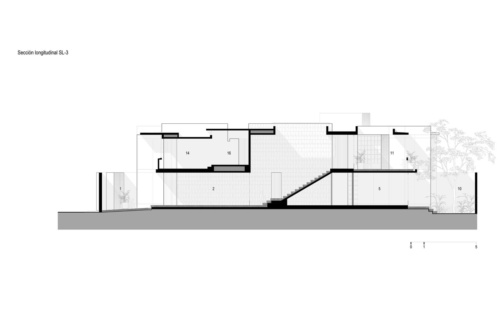 Longitudinal section. Red House by Ángel García Arquitectura.