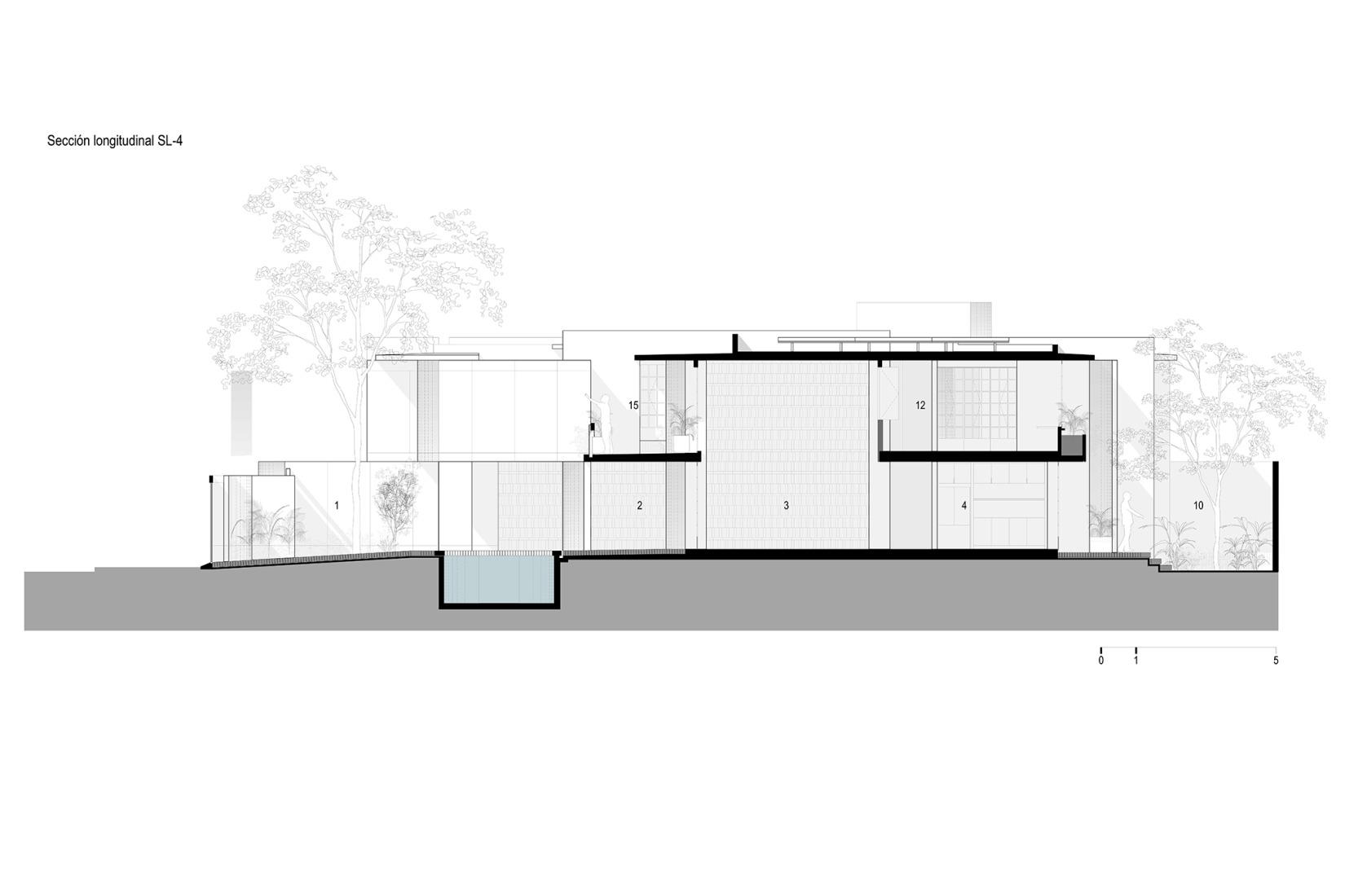 Longitudinal section. Red House by Ángel García Arquitectura.