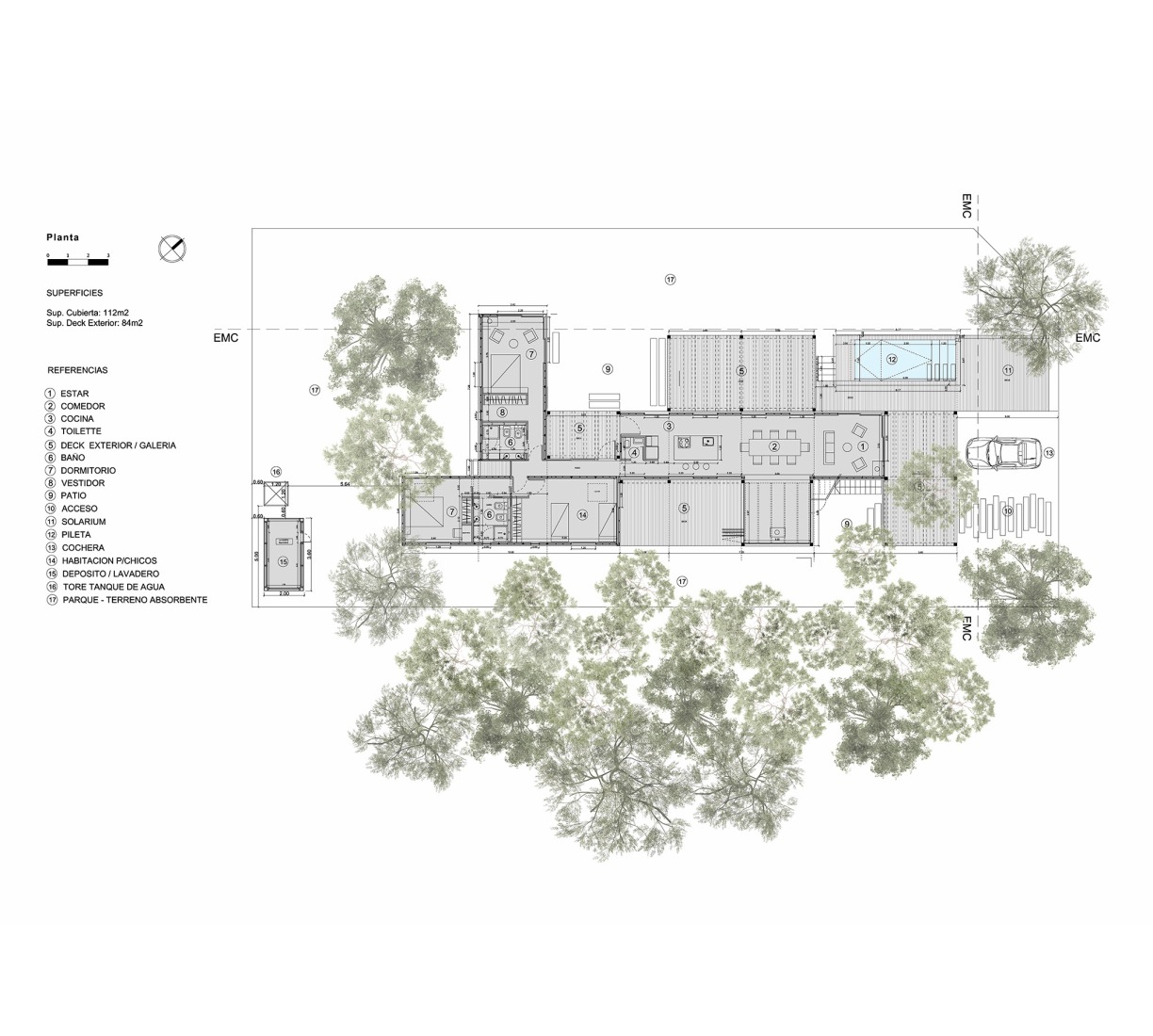 Plano de planta baja. Casa de veraneo en Chapadmalal por Estudio Borrachia. 