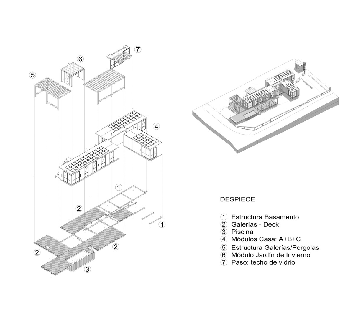 Despiece axonométrico. Casa de veraneo en Chapadmalal por Estudio Borrachia. 