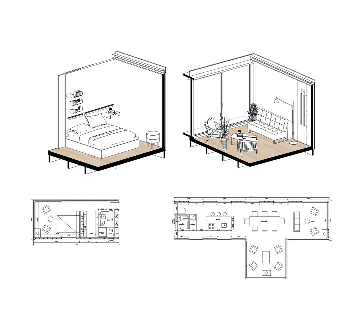 Detalle constructivo dormitorio. Casa de veraneo en Chapadmalal por Estudio Borrachia. 