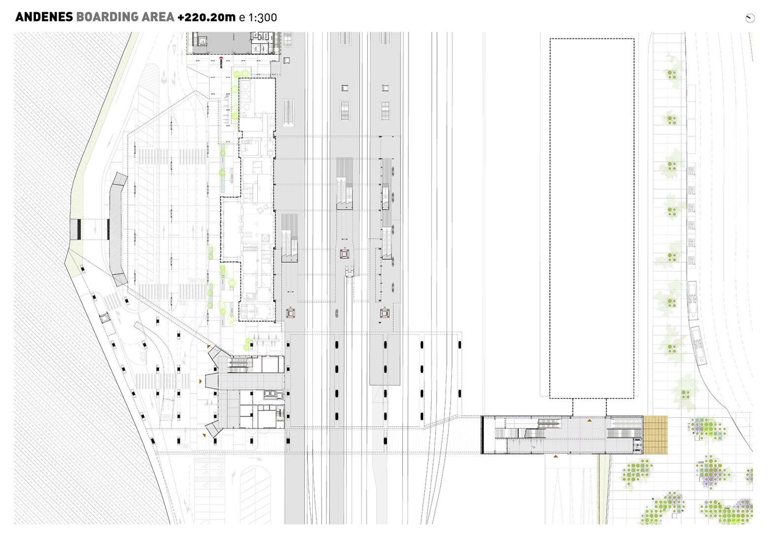 Basement floor plan. Boarding area. Train station and pedestrian walkway by estudioHerreros.