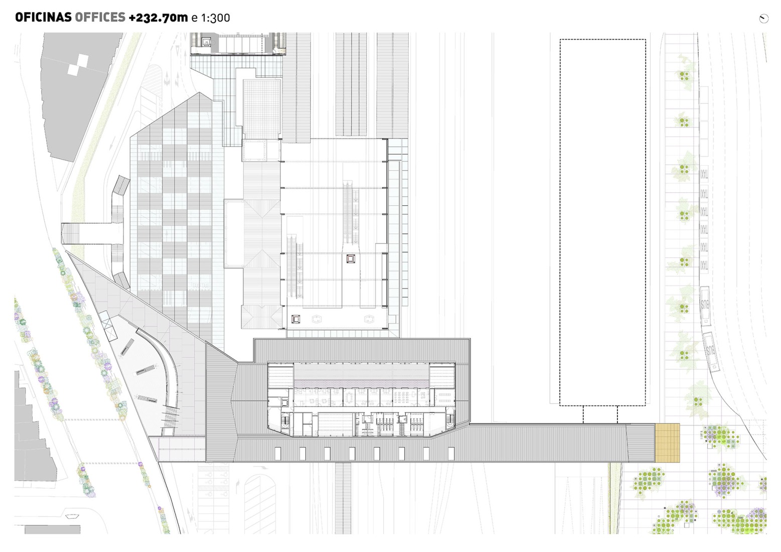 Rooftop plan. Offices. Train station and pedestrian walkway by estudioHerreros.