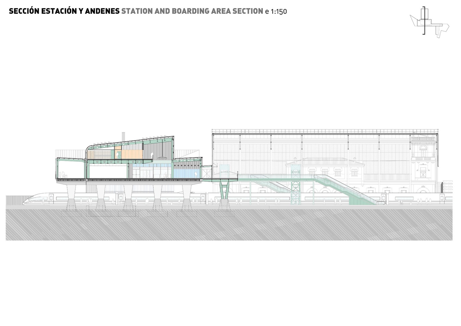 Section by station and boarding area. Train station and pedestrian walkway by estudioHerreros.
