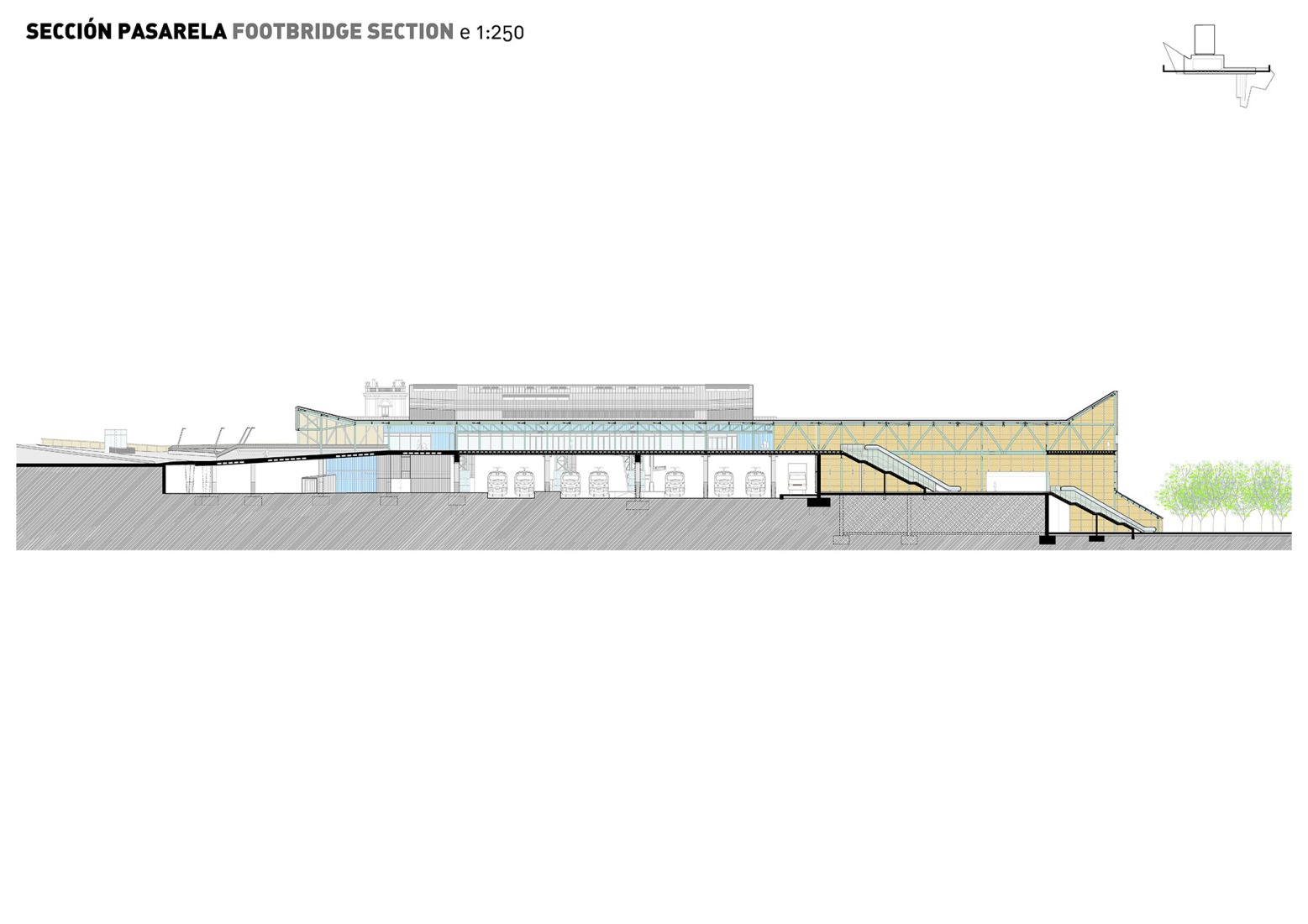 Section by footbridge. Train station and pedestrian walkway by estudioHerreros.