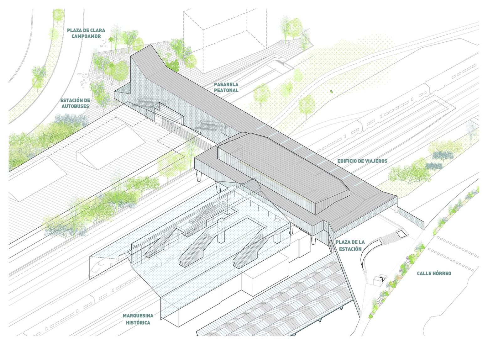 Axonometry. Train station and pedestrian walkway by estudioHerreros.