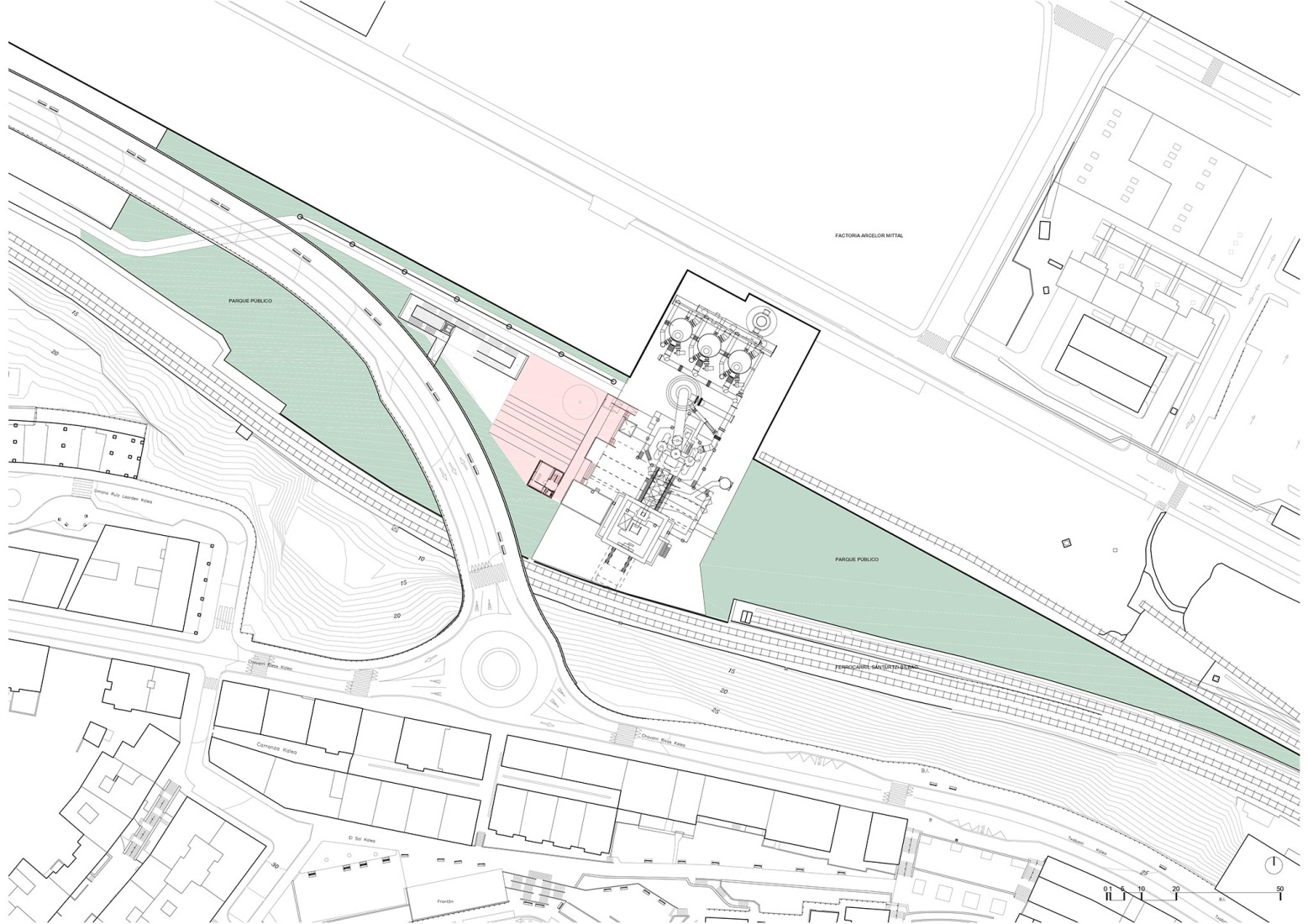 Plano de emplazamiento. Acceso y Urbanización en el B.I.C. Horno Alto Nº1 de Sestao por Garitano Arquitectura. 
