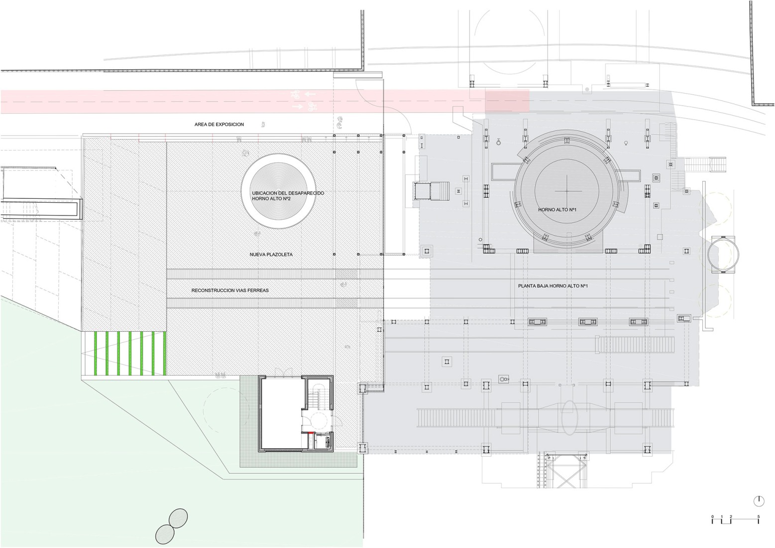 Plano de planta baja conjunto. Acceso y Urbanización en el B.I.C. Horno Alto Nº1 de Sestao por Garitano Arquitectura.