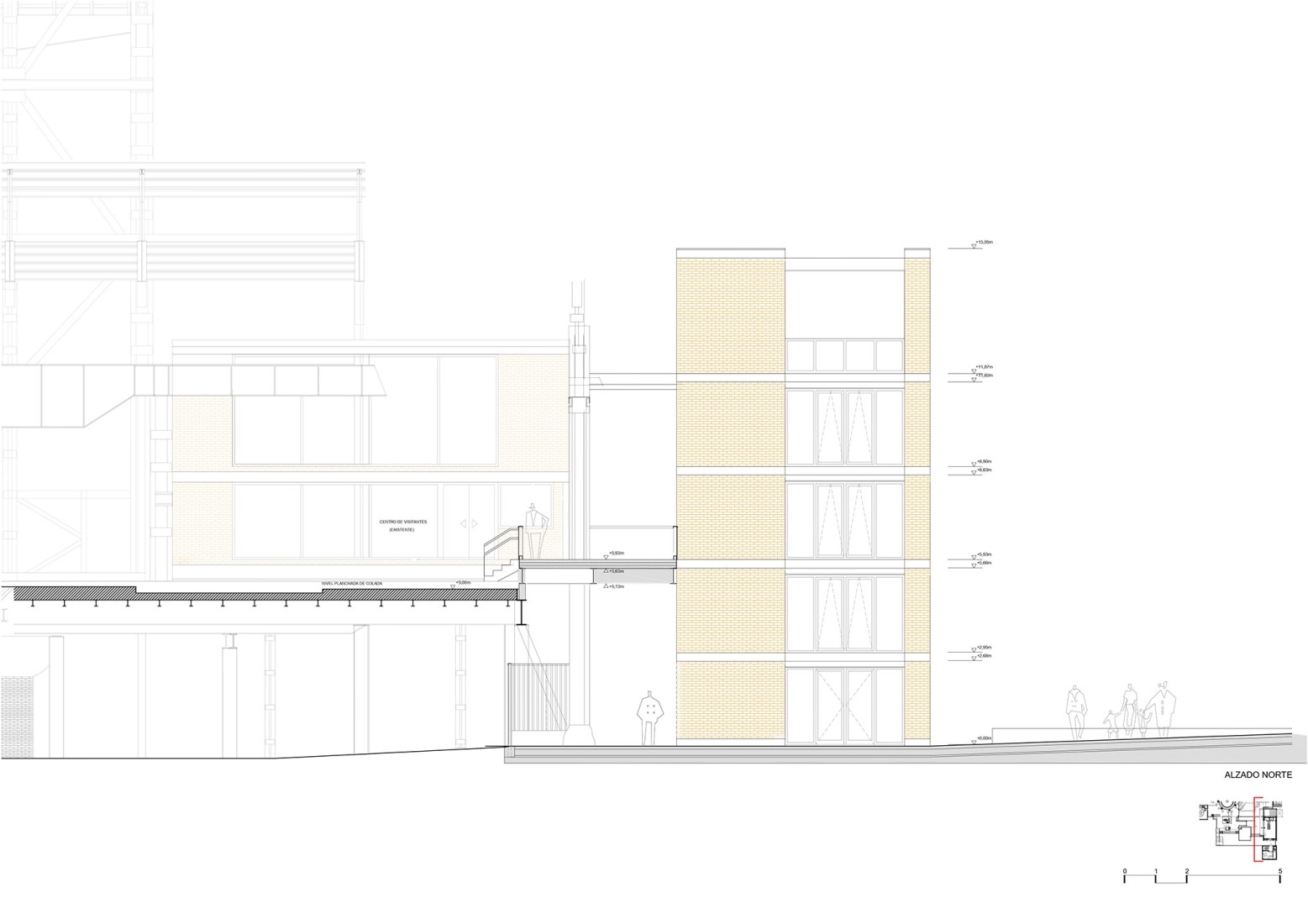 Alzado Norte. Acceso y Urbanización en el B.I.C. Horno Alto Nº1 de Sestao por Garitano Arquitectura.