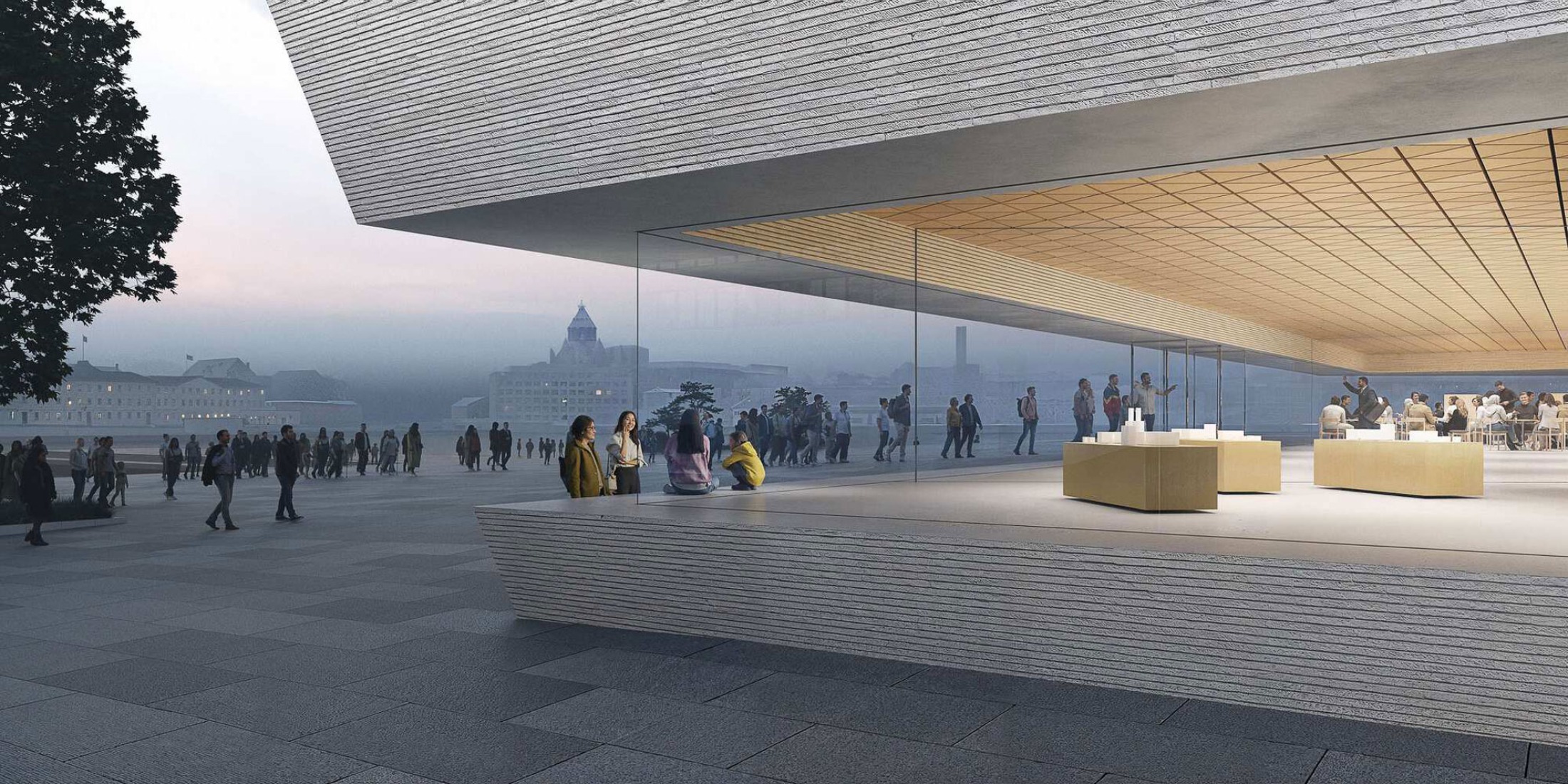 Vista desde la esquina de la tienda del museo en Laivasillankatu. Nuevo Museo de Arquitectura y Diseño de Helsinki. Proyecto ganador: Kumma, por JKMM Architects. Visualización por MIR y JKMM Architects.