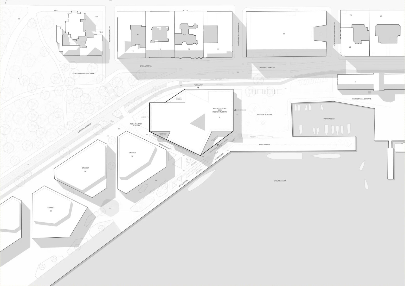 Plano de situación. Nuevo Museo de Arquitectura y Diseño de Helsinki. Proyecto ganador: Kumma, por JKMM Architects.