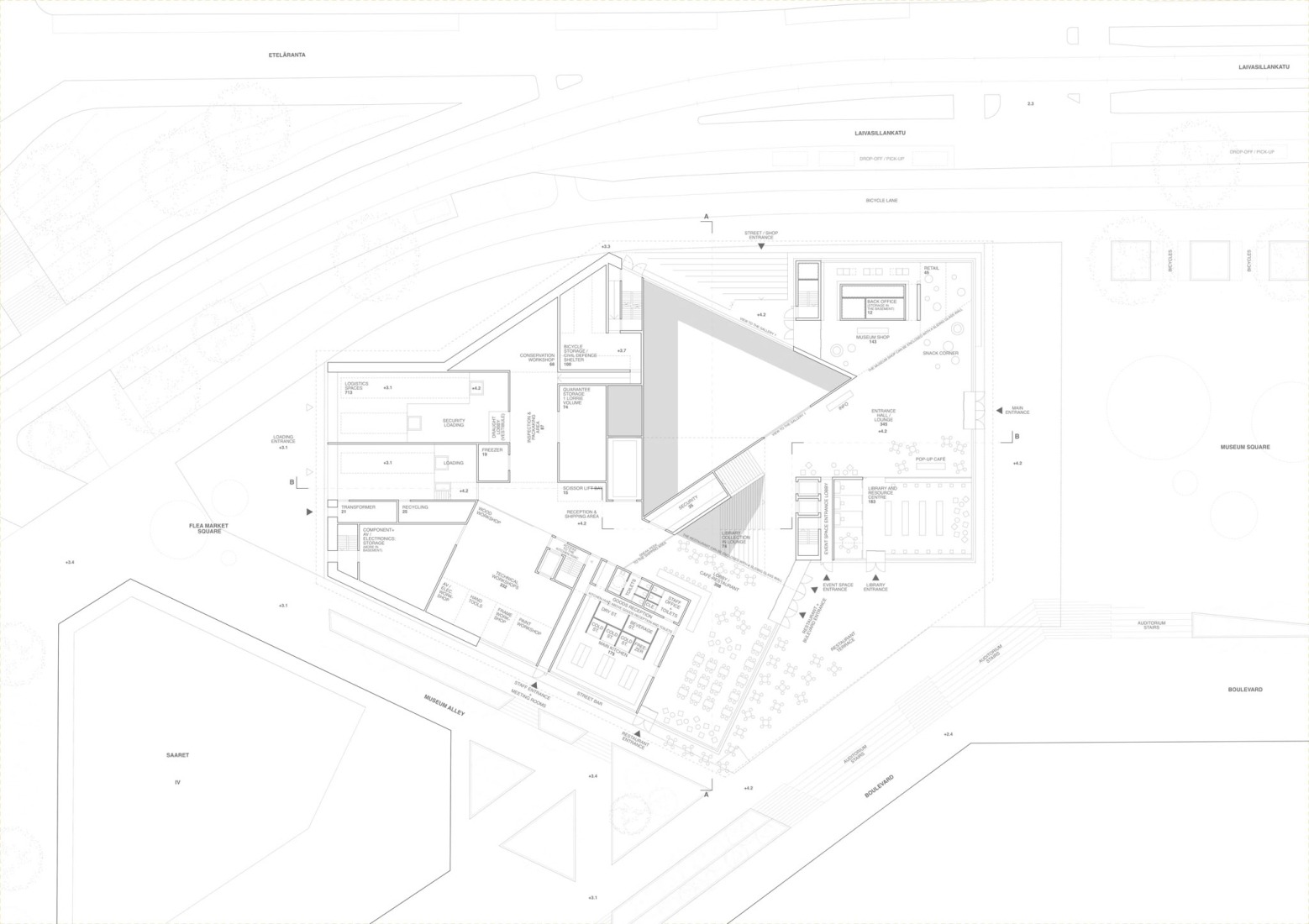 Plano de planta baja. Nuevo Museo de Arquitectura y Diseño de Helsinki. Proyecto ganador: Kumma, por JKMM Architects.
