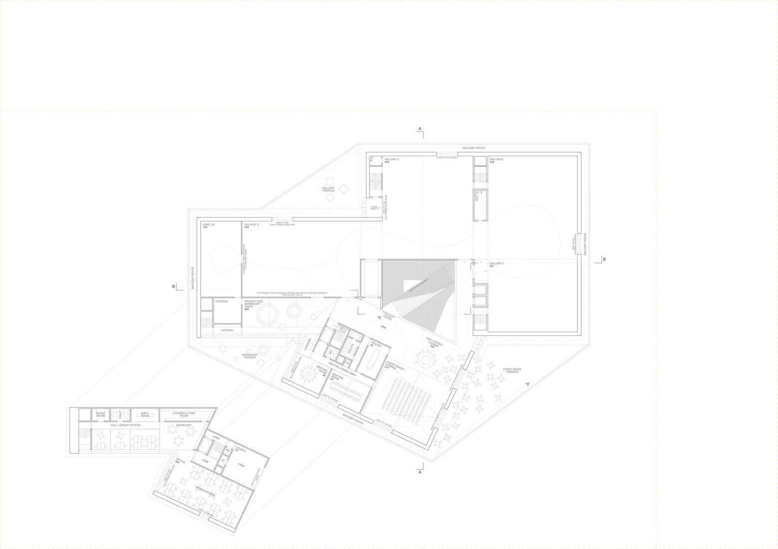 Plano de plantas primera y segunda (oficinas). Nuevo Museo de Arquitectura y Diseño de Helsinki. Proyecto ganador: Kumma, por JKMM Architects.